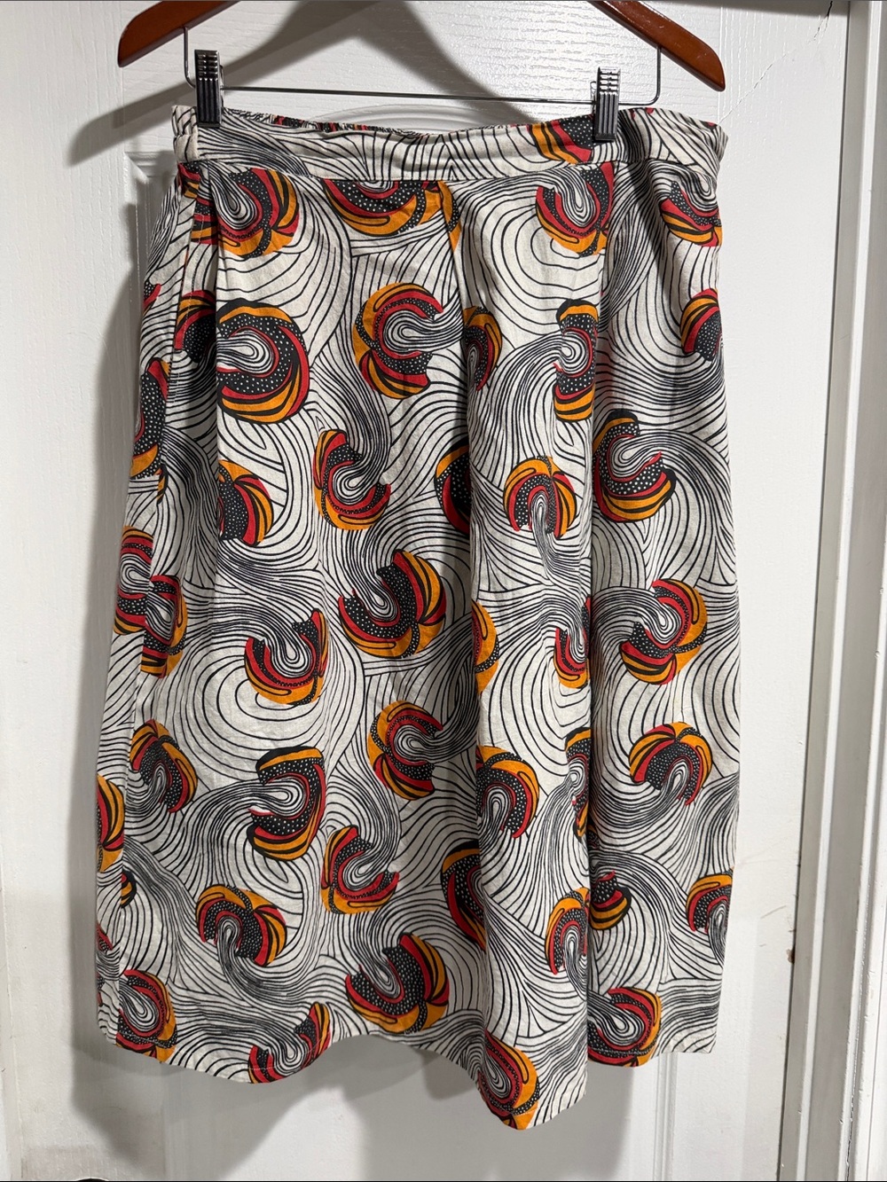 Cost Plus World Market White A-Line Skirt with Red, Yellow & Black Swirl Print